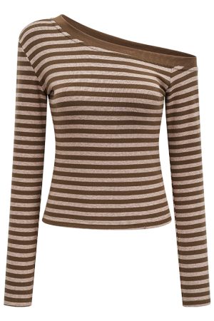 Off-Shoulder Striped Long Sleeve T-Shirt for Women - Slim Fit, Flattering Autumn/Winter Top in European & American Style