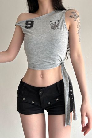 Off-Shoulder Twisted Knot Digital Print Tank Top for Women - Casual Versatile Short Top in American Street Style for Dancing