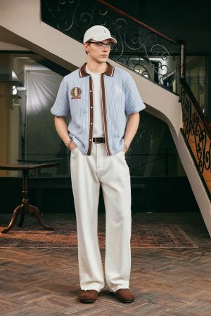 Old Money Style Color Block Short Sleeve Shirt - Soft Woven Fabric with Hollow Out Detail for Vacation, Y2K Inspired Fashion