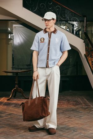 Old Money Style Color Block Short Sleeve Shirt - Soft Woven Fabric with Hollow Out Detail for Vacation, Y2K Inspired Fashion