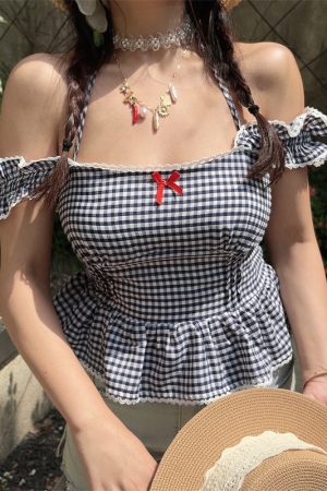 One-Shoulder Ruffled Bow Tie Blouse - Handmade Spring Summer Vacation Top in French Style