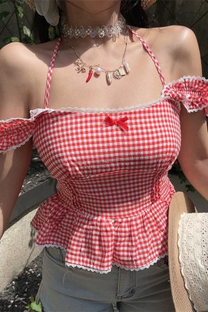 One-Shoulder Ruffled Bow Tie Blouse - Handmade Spring Summer Vacation Top in French Style