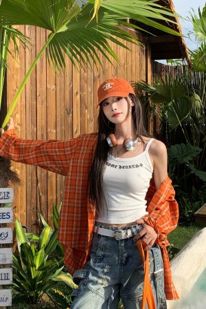 Orange Plaid Long Sleeve Shirt Jacket for Women - Vintage Loose Casual Style for Spring Summer, 90s Inspired Fashion