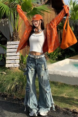 Orange Plaid Long Sleeve Shirt Jacket for Women - Vintage Loose Casual Style for Spring Summer, 90s Inspired Fashion