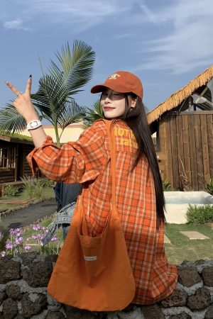 Orange Plaid Long Sleeve Shirt Jacket for Women - Vintage Loose Casual Style for Spring Summer, 90s Inspired Fashion