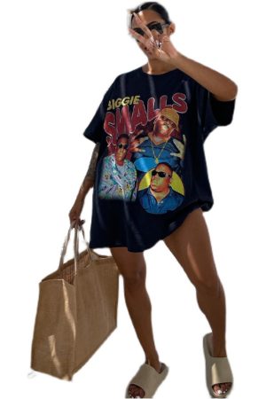 Oversized Black Short Sleeve T-Shirt for Women - American Retro Hip-Hop Style, West Coast Loose Fit, Casual 90s Fashion