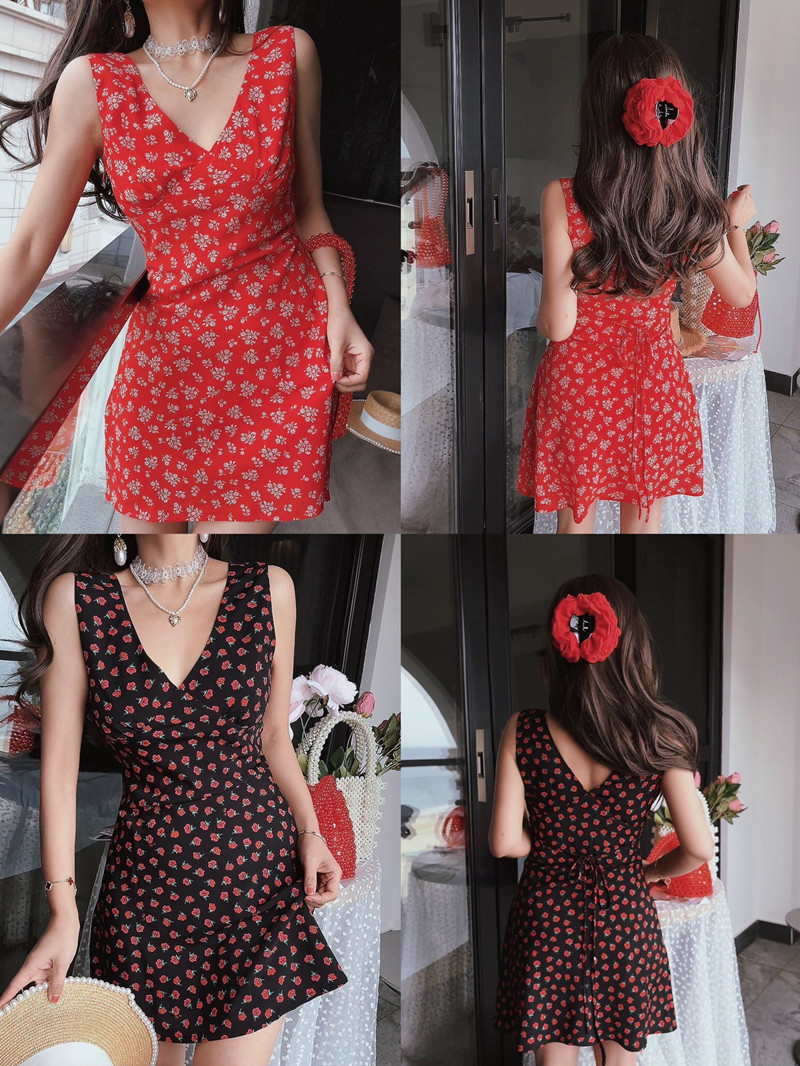 Oversized Floral Vacation Dress with French V-Neck and Waist-Cinching Detail - Spring/Summer 2025 Trendy Short Skirt Oversized Floral Vacation Dress with French V-Neck and Waist-Cinching Detail - Spring/Summer 2025 Trendy Short Skirt