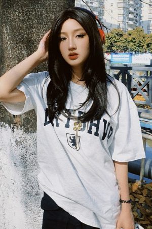 Oversized Gray Retro T-Shirt for Women - Short Sleeve Vintage Y2K American Style Top