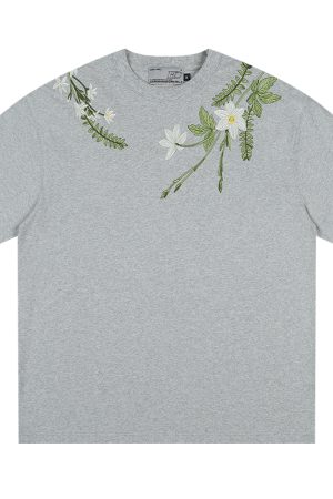 Oversized Short-Sleeve T-Shirt with Chinese-Style Floral Embroidery and Text Layout, Breathable Y2K Fashion Top