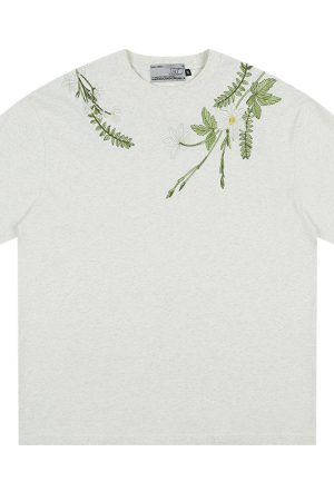 Oversized Short-Sleeve T-Shirt with Chinese-Style Floral Embroidery and Text Layout, Breathable Y2K Fashion Top