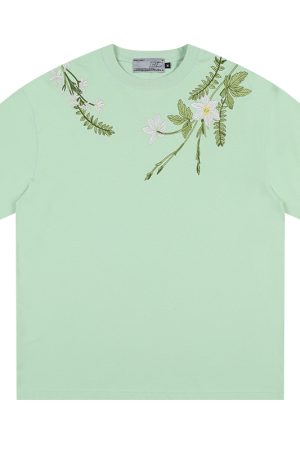 Oversized Short-Sleeve T-Shirt with Chinese-Style Floral Embroidery and Text Layout, Breathable Y2K Fashion Top