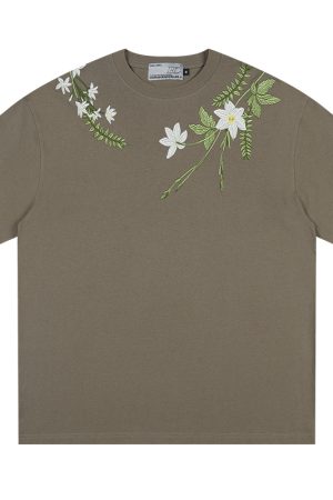 Oversized Short-Sleeve T-Shirt with Chinese-Style Floral Embroidery and Text Layout, Breathable Y2K Fashion Top