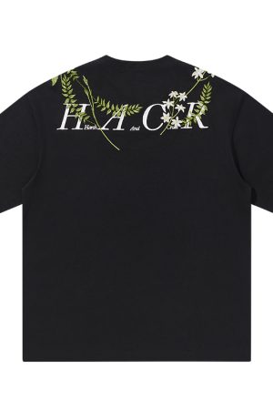 Oversized Short-Sleeve T-Shirt with Chinese-Style Floral Embroidery and Text Layout, Breathable Y2K Fashion Top