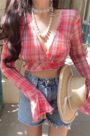 Oversized Slimming Sexy V-Neck Tie Waist Bell Sleeve Short Plaid Shirt for Vacation - Trendy 90s Inspired Style
