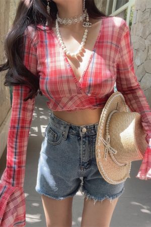 Oversized Slimming Sexy V-Neck Tie Waist Bell Sleeve Short Plaid Shirt for Vacation - Trendy 90s Inspired Style