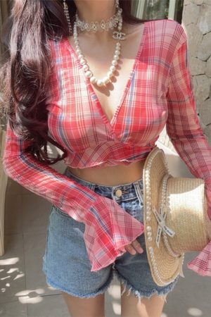 Oversized Slimming Sexy V-Neck Tie Waist Bell Sleeve Short Plaid Shirt for Vacation - Trendy 90s Inspired Style