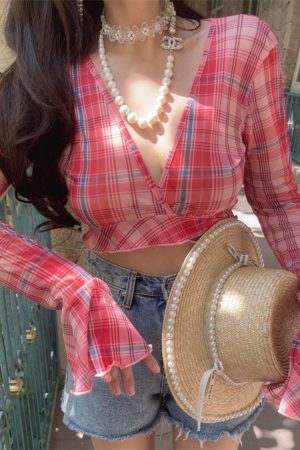Oversized Slimming Sexy V-Neck Tie Waist Bell Sleeve Short Plaid Shirt for Vacation - Trendy 90s Inspired Style