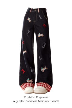 Patchwork Sausage Dog Jeans for Women - Cartoon Design, Wide-Leg Straight Slim Long Pants, American Style, Trendy Spring Fashion