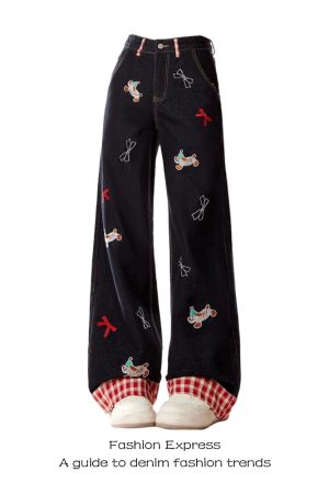 Patchwork Sausage Dog Jeans for Women - Cartoon Design, Wide-Leg Straight Slim Long Pants, American Style, Trendy Spring Fashion