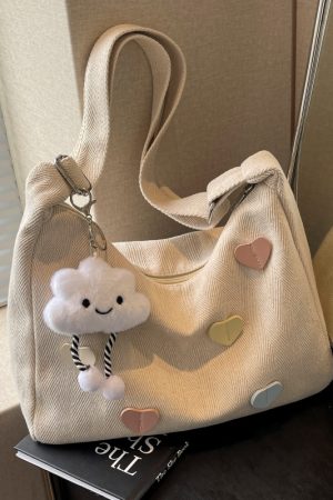 Peach Heart Canvas Underarm Bag for Women, Niche Design Single Shoulder Dumpling Bag, Korean Style Crossbody for Students