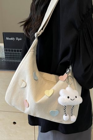 Peach Heart Canvas Underarm Bag for Women, Niche Design Single Shoulder Dumpling Bag, Korean Style Crossbody for Students