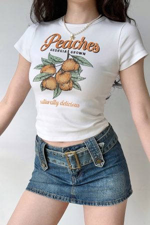 Peach Print White Shoulder T-shirt for Women - Summer Slim Fit Short Sleeve Top in European American Style, Perfect for Y2K Fashion