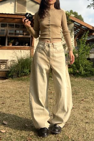 Petite High-Waisted Loose Slim Long Pants in Dirty Beige - Trendy Y2K Style for Women