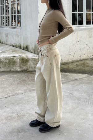 Petite High-Waisted Loose Slim Long Pants in Dirty Beige - Trendy Y2K Style for Women