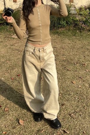 Petite High-Waisted Loose Slim Long Pants in Dirty Beige - Trendy Y2K Style for Women