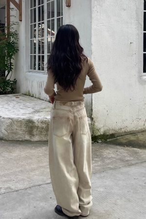 Petite High-Waisted Loose Slim Long Pants in Dirty Beige - Trendy Y2K Style for Women