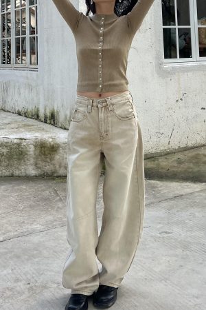 Petite High-Waisted Loose Slim Long Pants in Dirty Beige - Trendy Y2K Style for Women