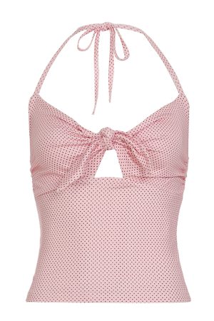 Pink Beauty Hollow Out Twisted Polka Dot Cami Women's Slim Fit Halter Top - French Design, White-Enhancing, Chic Summer Style