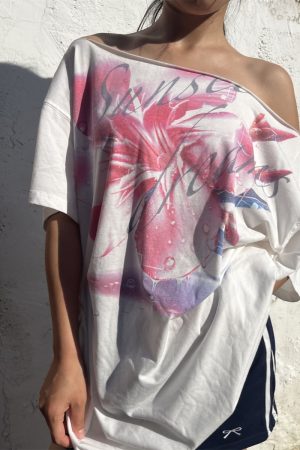 Pink Floral Print Off-Shoulder Short Sleeve Casual Asymmetrical T-Shirt for Women - Vintage Style, Versatile 90s Inspired Fashion