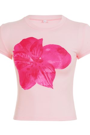 Pink Floral Print Short-Sleeve T-Shirt for Women, Versatile Slim-Fit Waist-Cinching Top, Vacation Style, Y2K Fashion