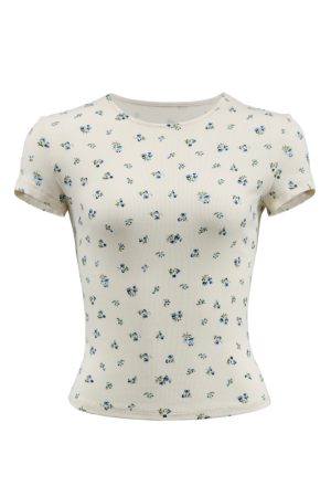 Pink Floral Slim-Fit Short Sleeve T-Shirt for Women - French Print Tight-Fitting Tee for Hot Girls, Y2K Style