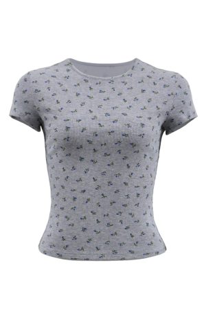 Pink Floral Slim-Fit Short Sleeve T-Shirt for Women - French Print Tight-Fitting Tee for Hot Girls, Y2K Style