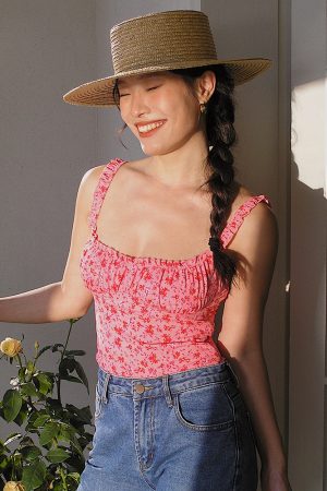 Pink Floral Spaghetti Strap Mermaid Dress - Fitted Vintage-Inspired Tank Top with French Print - Elegant Summer Fashion