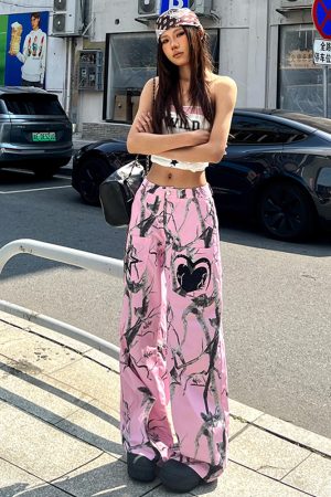 Pink Graffiti Wide-Leg Cargo Pants for Women - Versatile Loose Casual Draped Streetwear, Trendy Dance Style