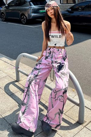 Pink Graffiti Wide-Leg Cargo Pants for Women - Versatile Loose Casual Draped Streetwear, Trendy Dance Style