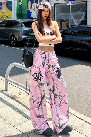 Pink Graffiti Wide-Leg Cargo Pants for Women - Versatile Loose Casual Draped Streetwear, Trendy Dance Style