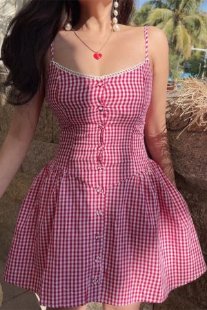 Pink Plaid Waist-Defined Button Cami Dress - Handmade French Vintage Style for Spring/Summer 2025, Perfect for Holiday Looks