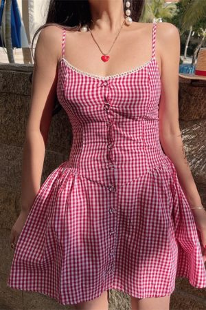 Pink Plaid Waist-Defined Button Cami Dress - Handmade French Vintage Style for Spring/Summer 2025, Perfect for Holiday Looks