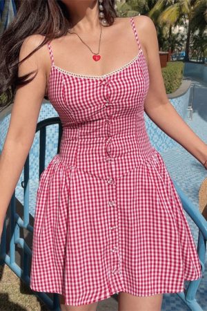 Pink Plaid Waist-Defined Button Cami Dress - Handmade French Vintage Style for Spring/Summer 2025, Perfect for Holiday Looks