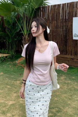 Pink Pure Desire Shoulder V-Neck Short Sleeve T-Shirt for Women - Summer Slim Fit Top - Stylish 90s Inspired Fashion