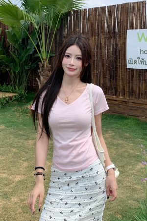 Pink Pure Desire Shoulder V-Neck Short Sleeve T-Shirt for Women - Summer Slim Fit Top - Stylish 90s Inspired Fashion