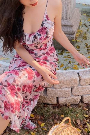 Pink Rose Print Floral Dress with Spaghetti Straps and Fitted Waist - French Style, Perfect for Summer and Y2K Fashion Lovers.