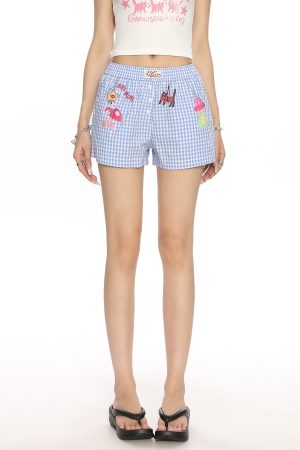 Plaid Cartoon Print Beach Shorts for Women - Summer Casual Versatile Hot Pants in Lazy Style, Y2K Inspired