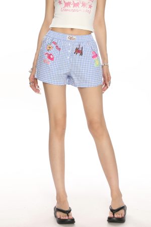 Plaid Cartoon Print Beach Shorts for Women - Summer Casual Versatile Hot Pants in Lazy Style, Y2K Inspired