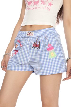 Plaid Cartoon Print Beach Shorts for Women - Summer Casual Versatile Hot Pants in Lazy Style, Y2K Inspired