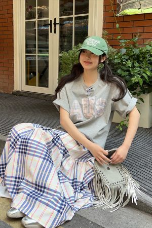 Plaid Patch Embroidery Couples Loose T-Shirt - Spring Summer National Trend Short Sleeve Fashion Top